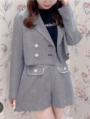 Evelyn black and white checkered blazer top and shorts set with pearls